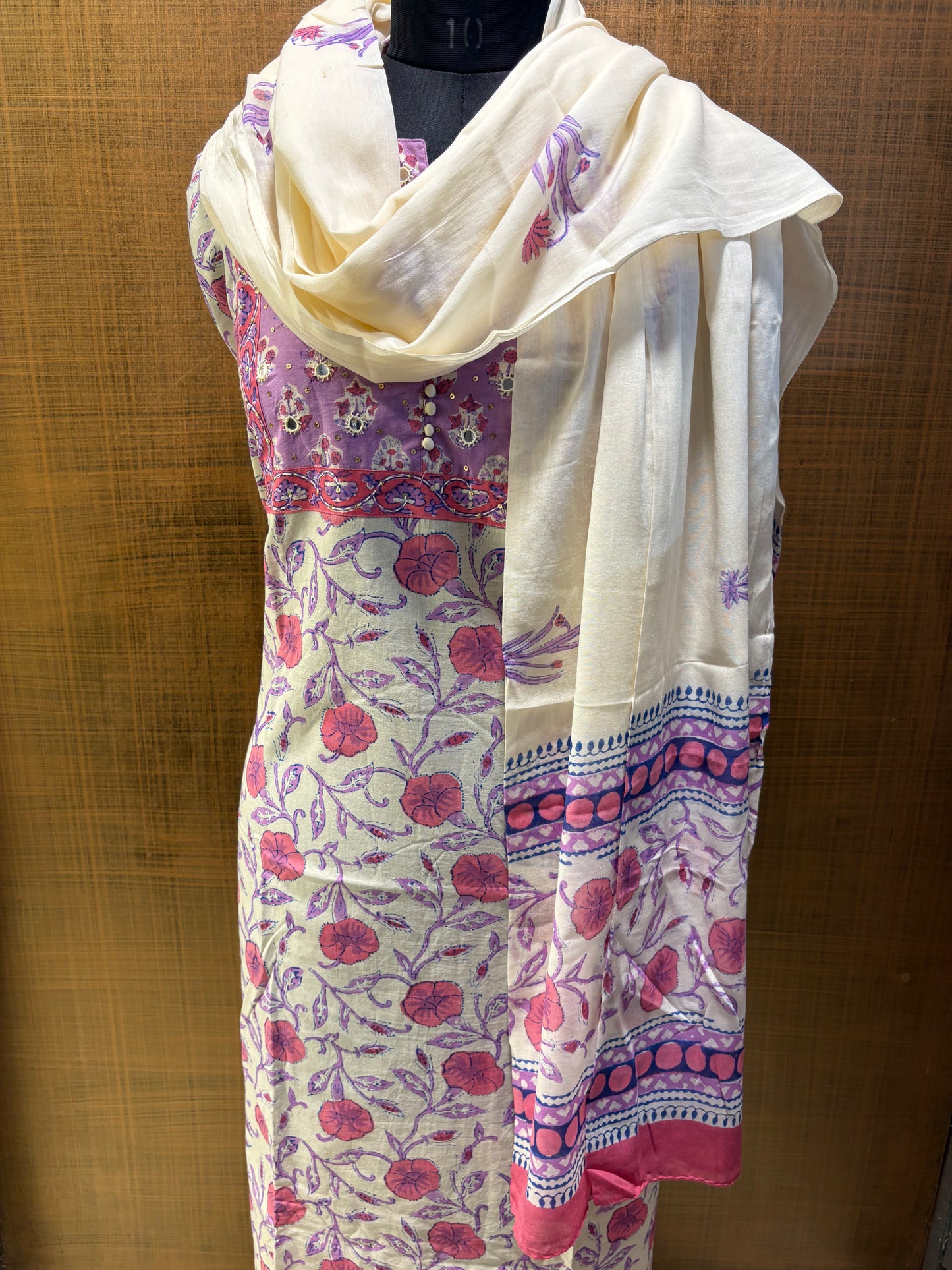 Cream Mauve Printed Suit with Embroidered Yoke & Cotton Dupatta