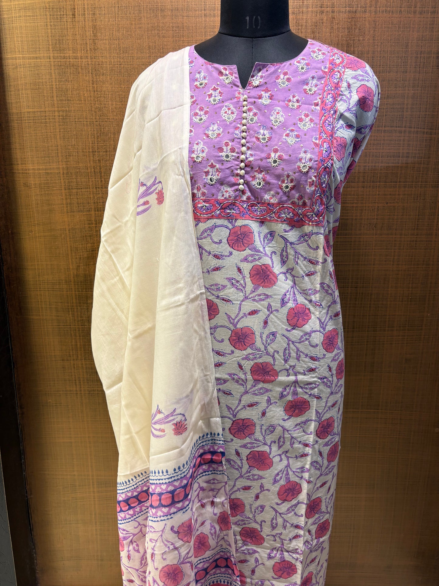 Cream Mauve Printed Suit with Embroidered Yoke & Cotton Dupatta