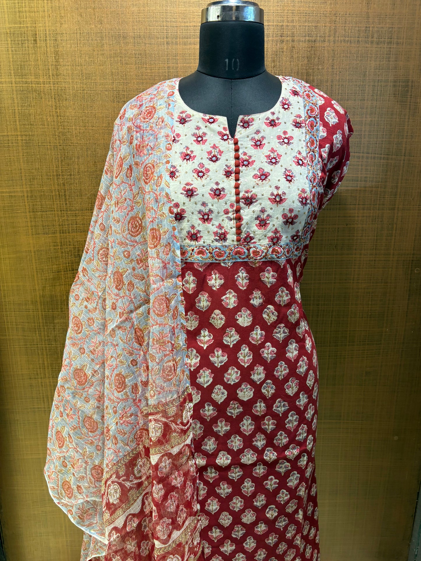 Pure Cotton Printed Suit with Embroidered Yoke & Kota Dupatta