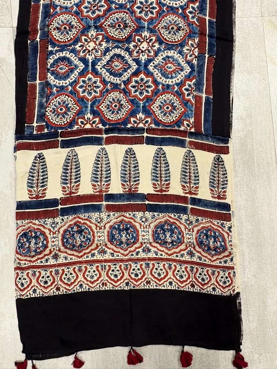 Black Ajrakh Print Madaal Satin stole with Leaf Print border