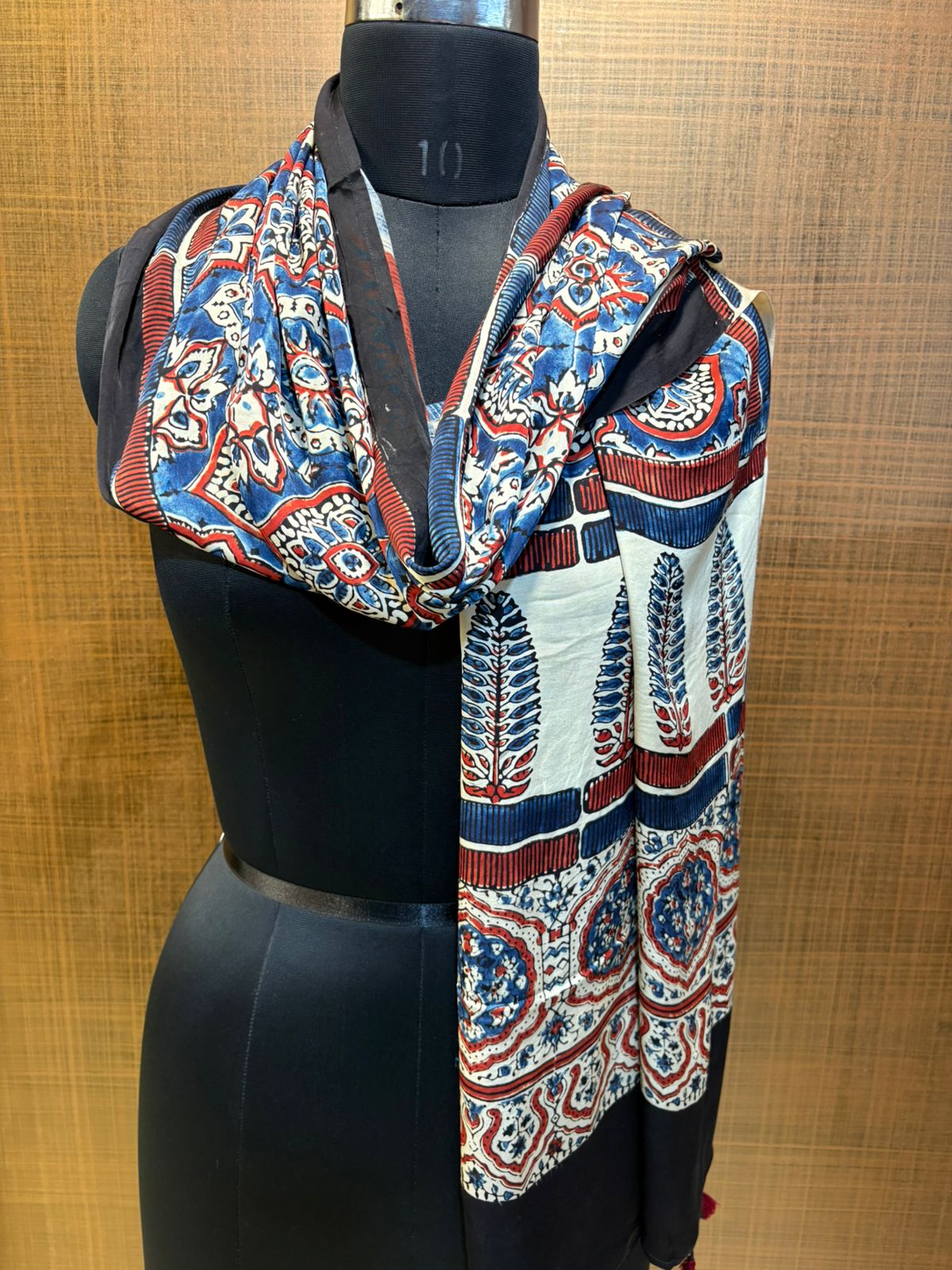 Black Ajrakh Print Madaal Satin stole with Leaf Print border