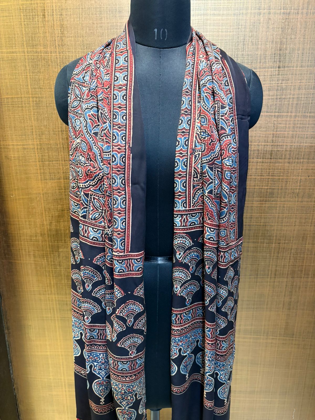 Black blue & Red Ajrakh Print Modaal Satin Stoll