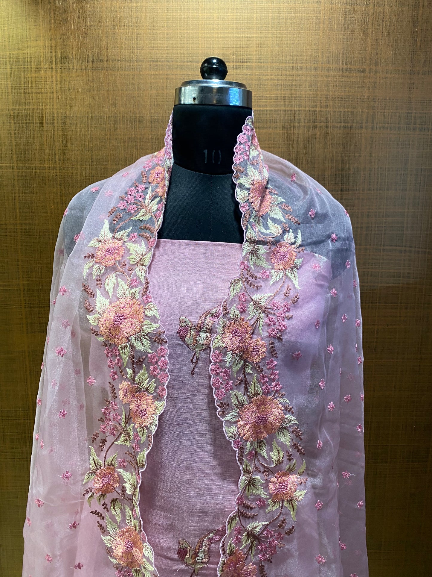 Pink linen embroidered suit with organza dup