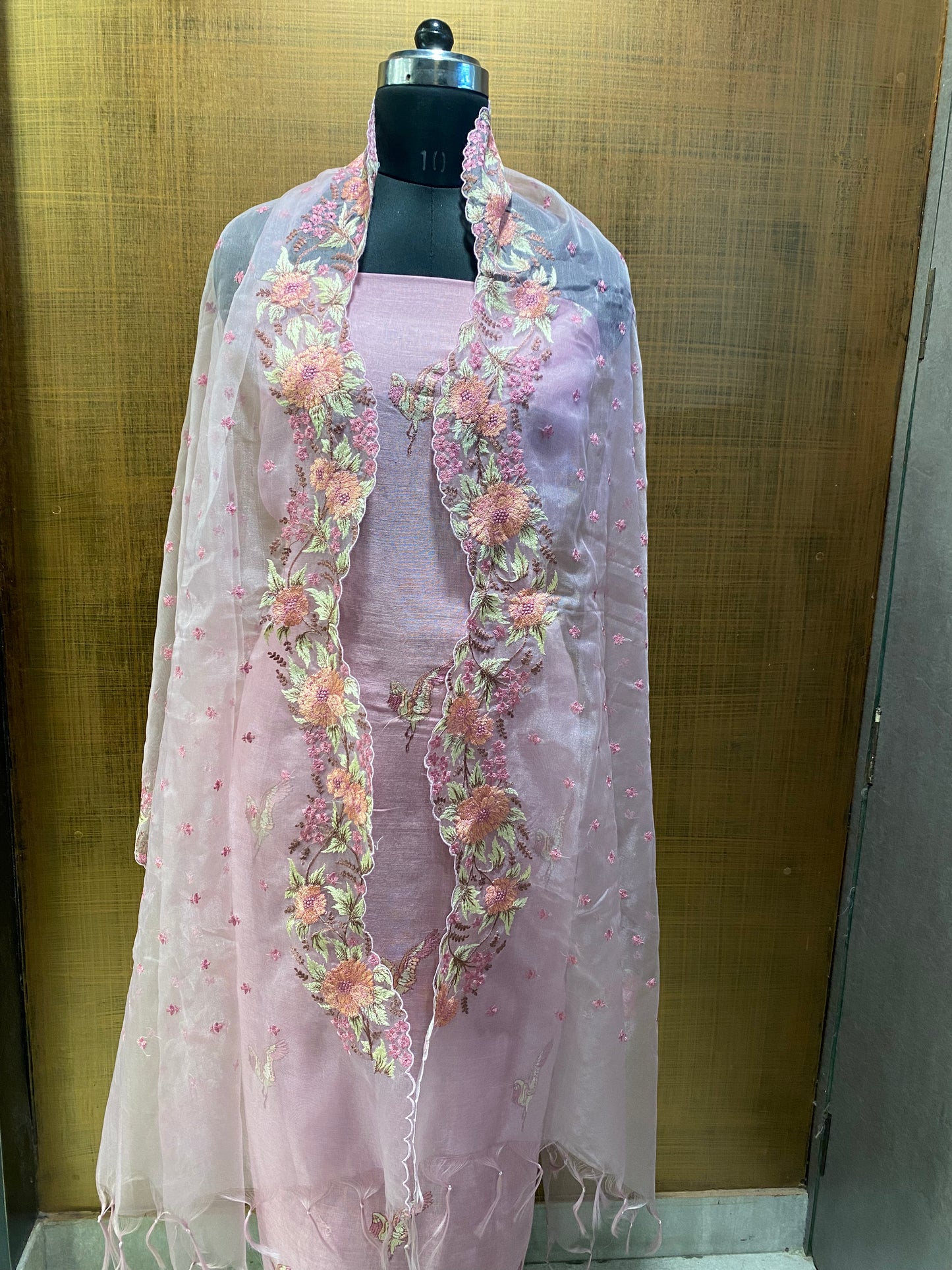 Pink linen embroidered suit with organza dup