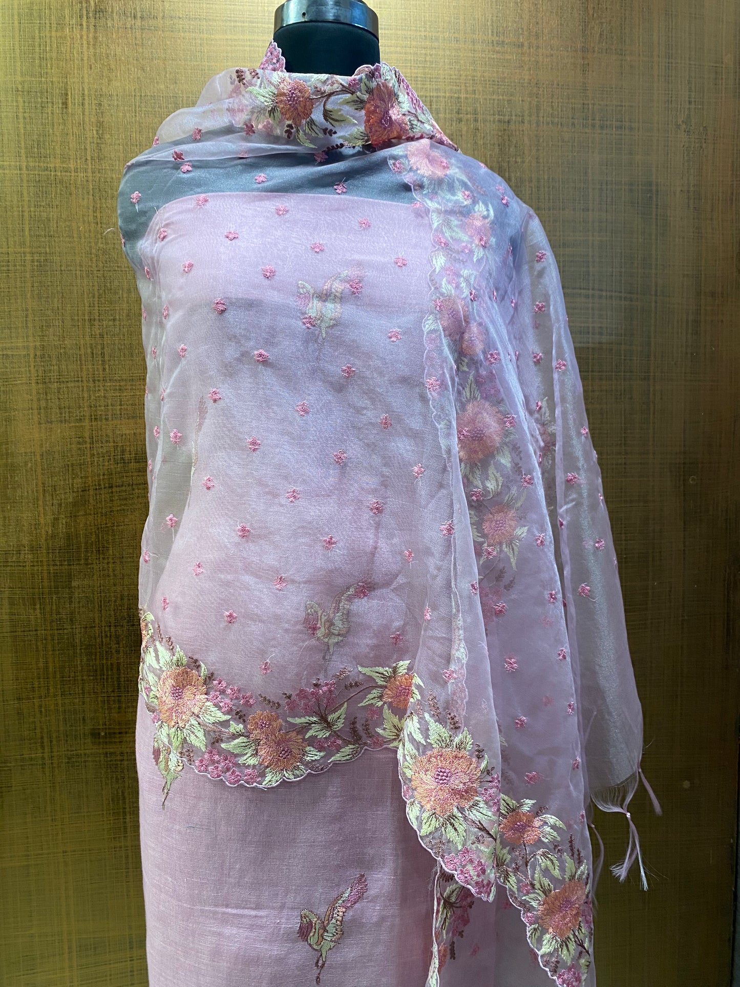 Pink linen embroidered suit with organza dup
