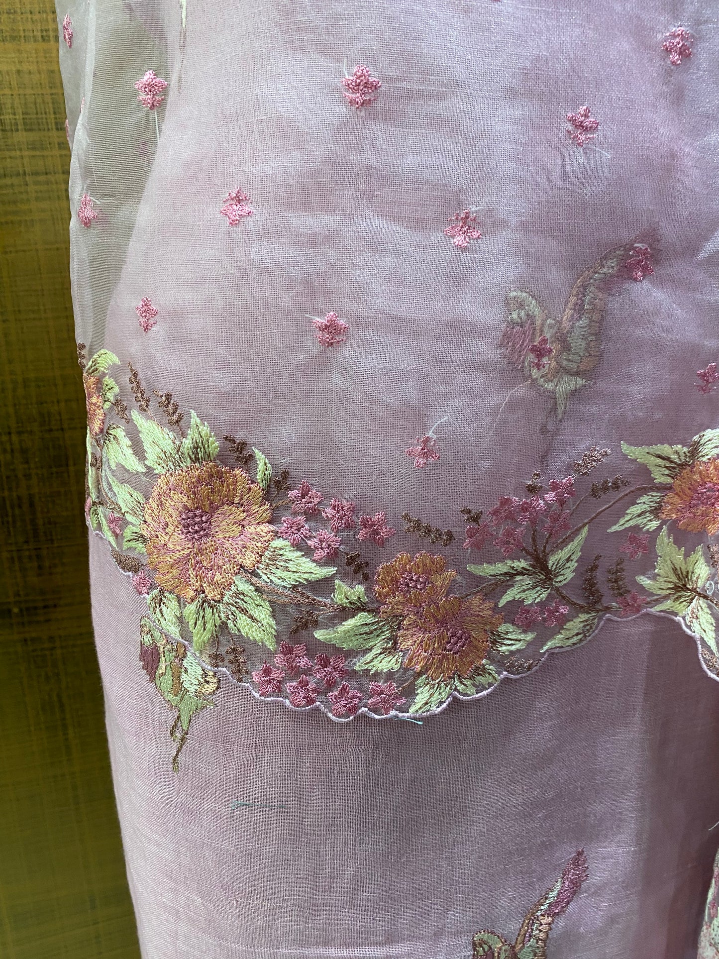 Pink linen embroidered suit with organza dup
