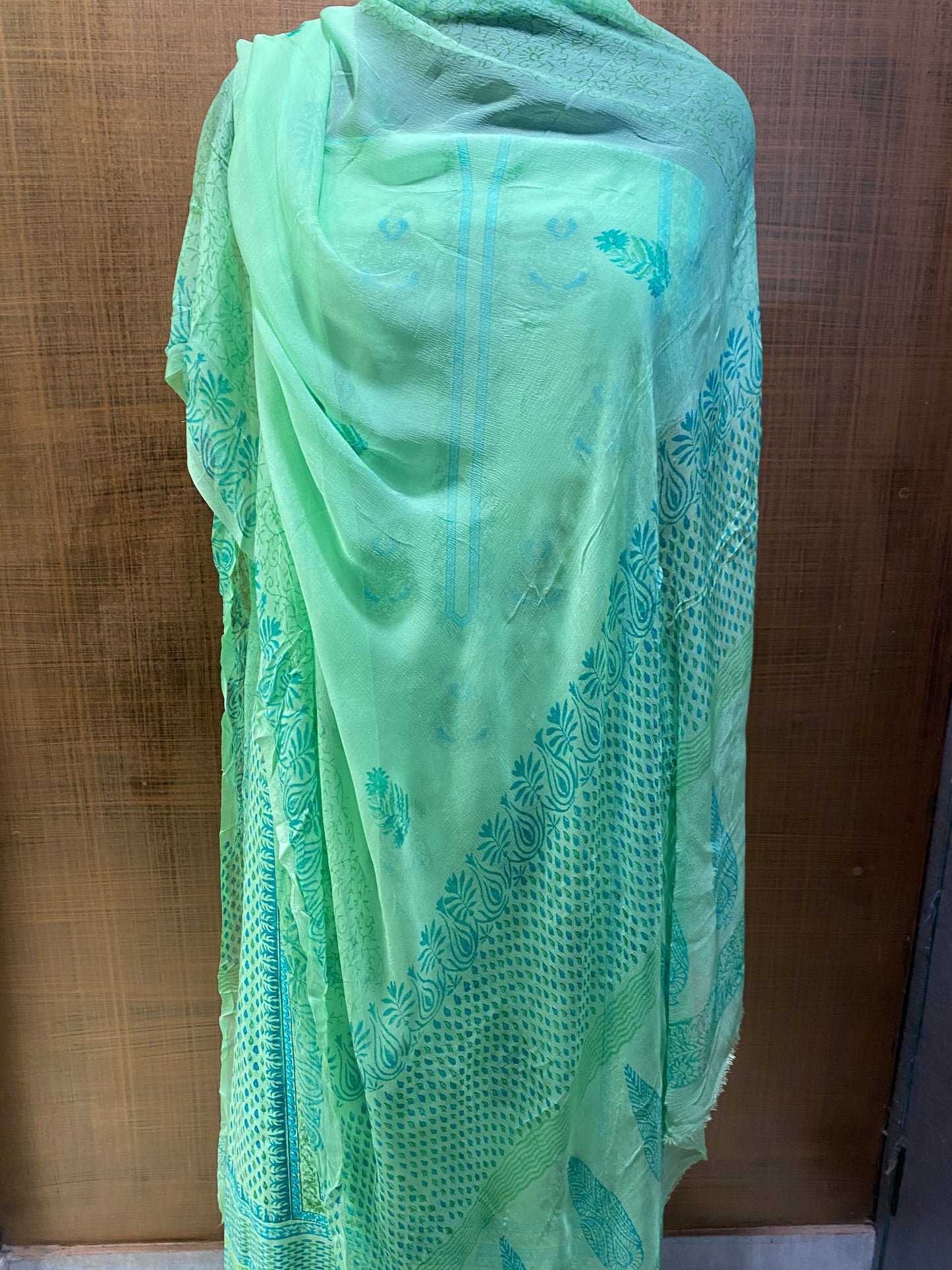Green pure cotton block print shirt with chiffon dupatta