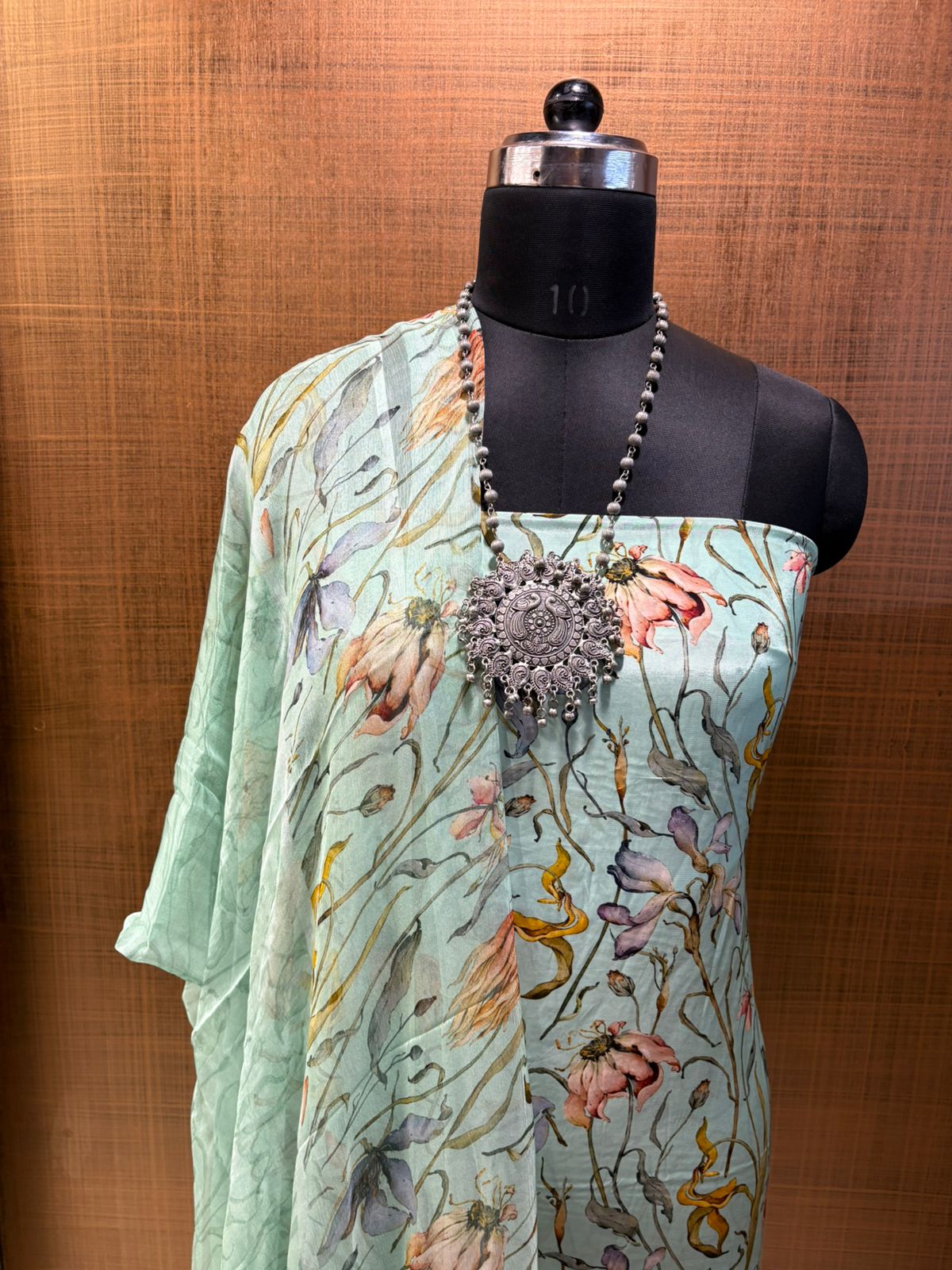 Sea Green Printed Crepe with Chiffon Dup