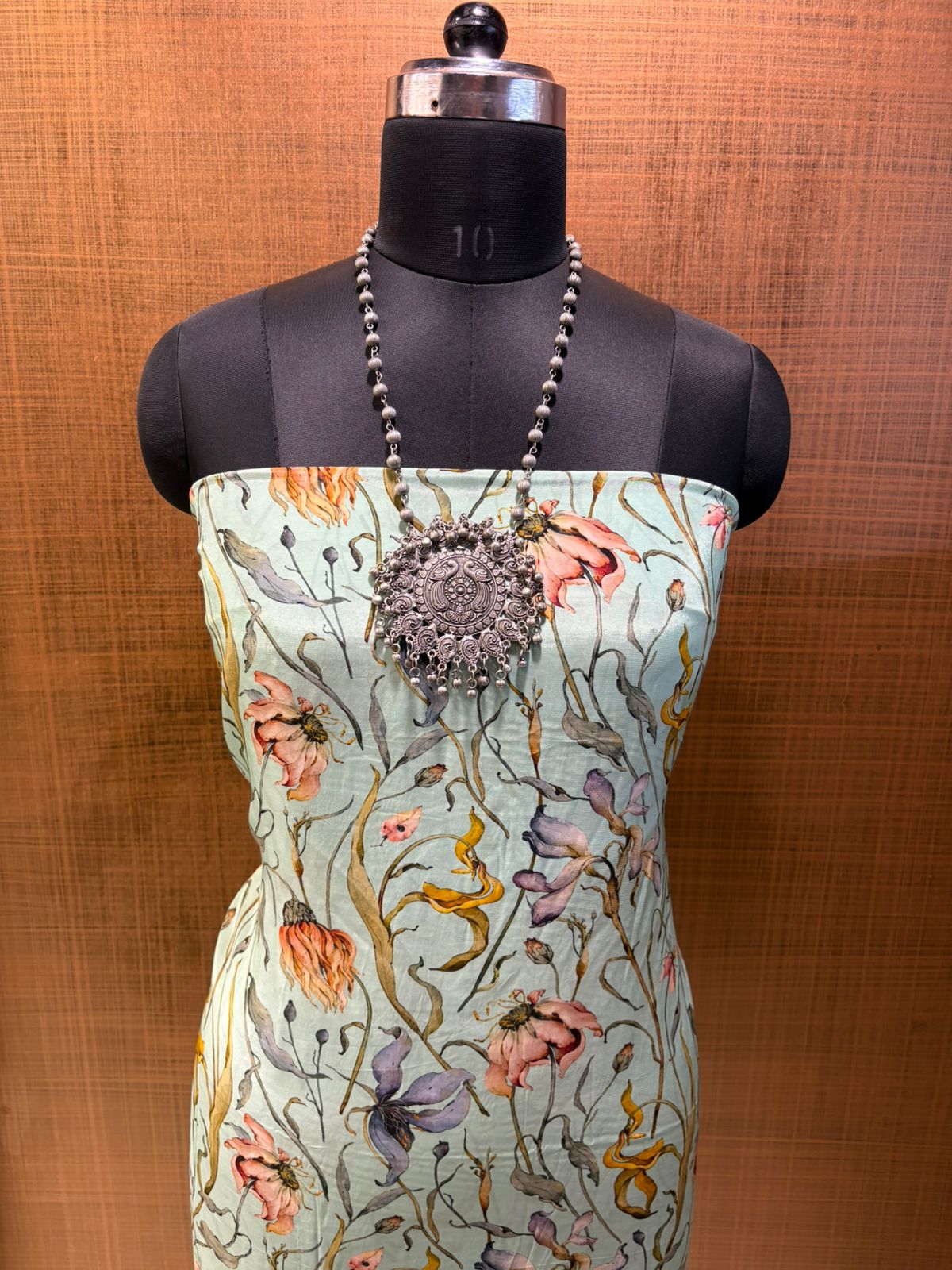 Sea Green Printed Crepe with Chiffon Dup