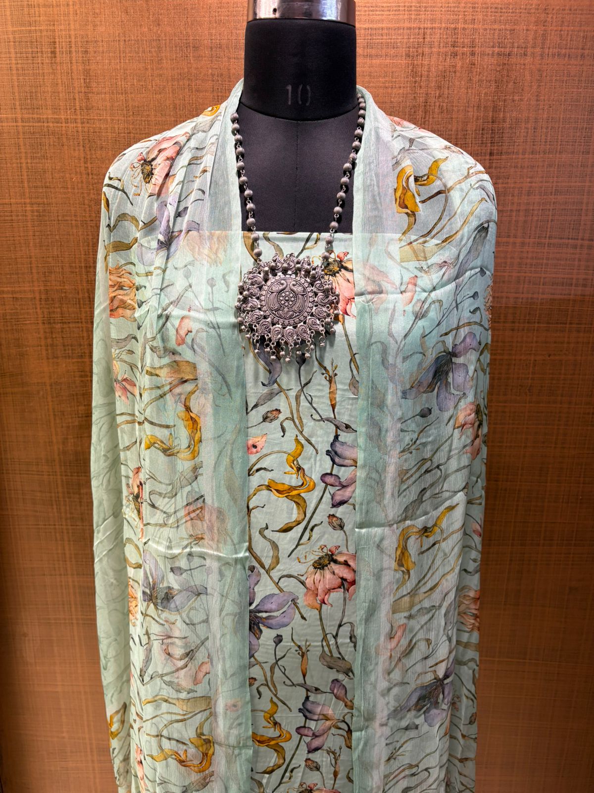Sea Green Printed Crepe with Chiffon Dup