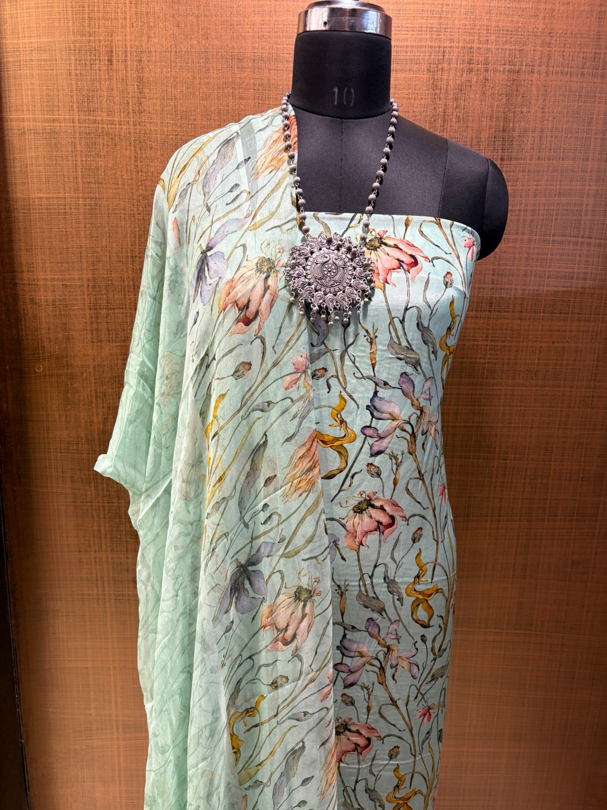 Sea Green Printed Crepe with Chiffon Dup