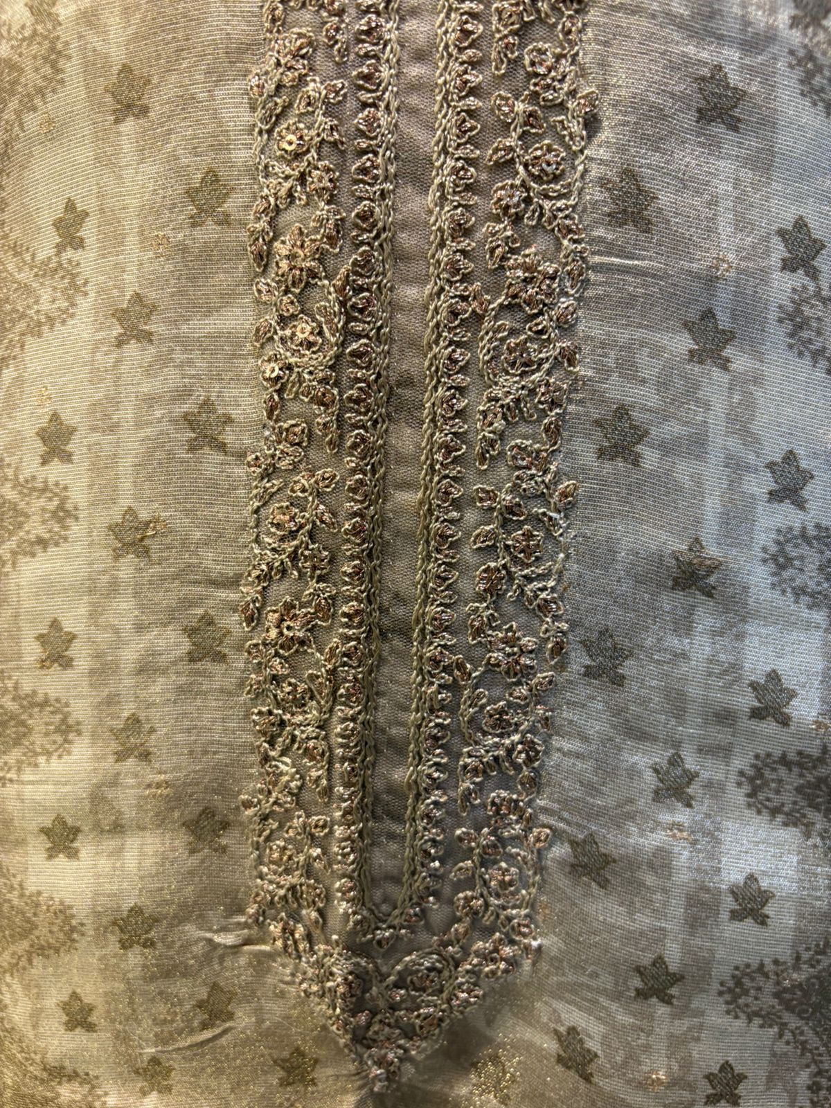 Tissue crepe beige with neck embroidery