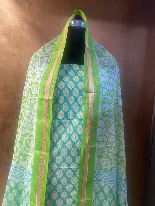 Pure Cotton Green Block Print Cotton Dupatta with Resham Border