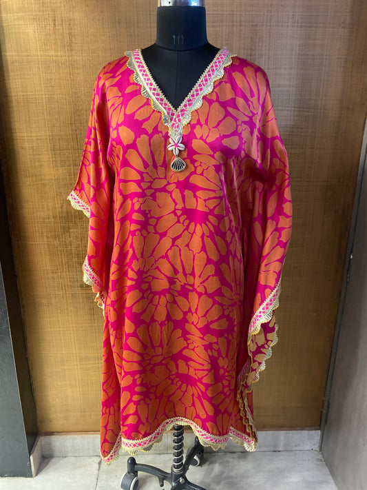 Kaftan Magenta Cotton Satin Abstract Print