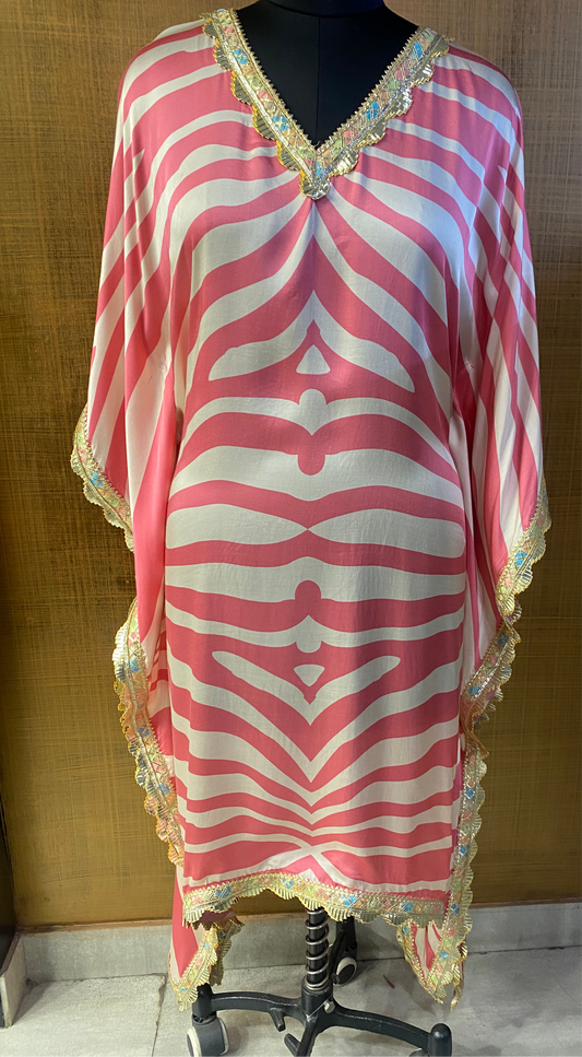 Kaftan Pink and Cream Cotton Satin Wave print