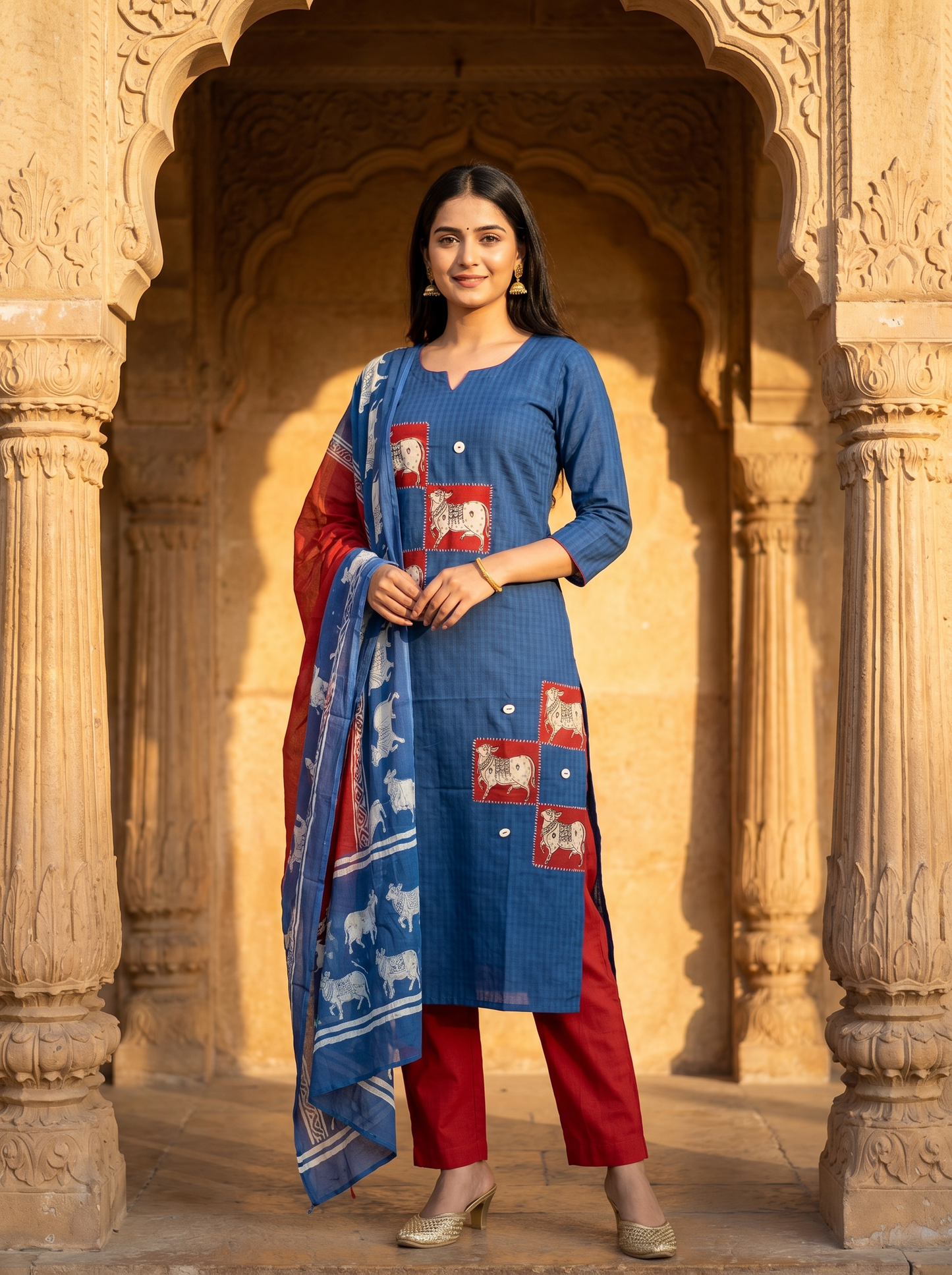Cotton Blue & Red Ox Block Print