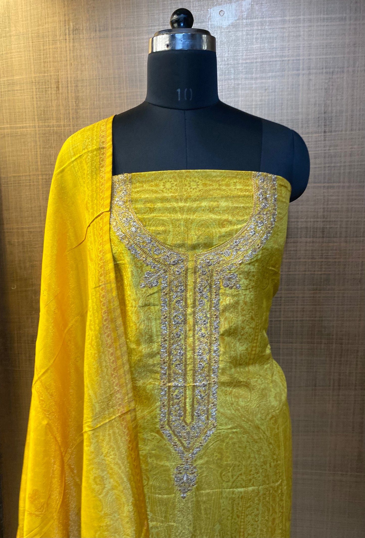 Mustard Yellow Printed Tissue-silk with neck embroidered suit