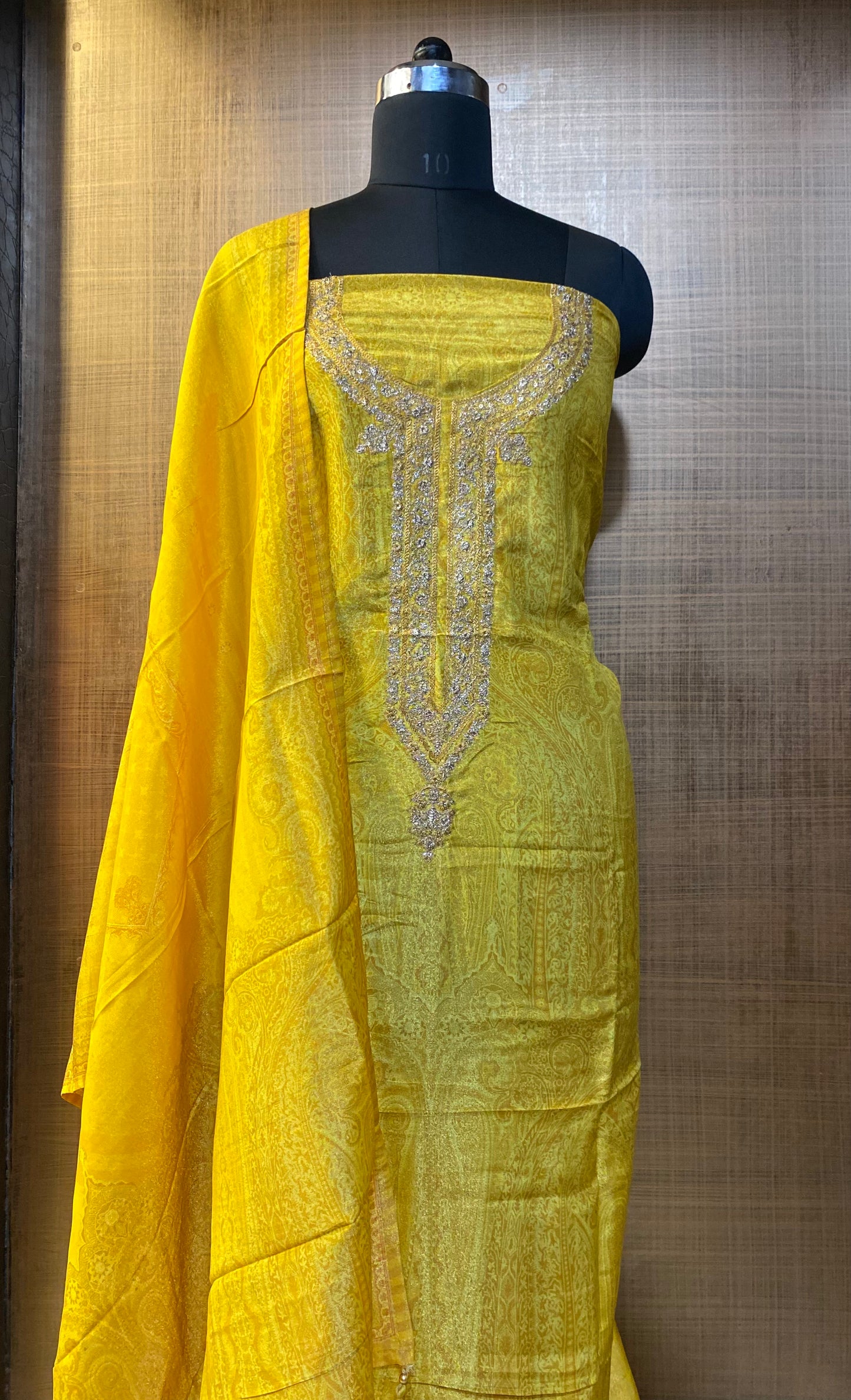 Mustard Yellow Printed Tissue-silk with neck embroidered suit