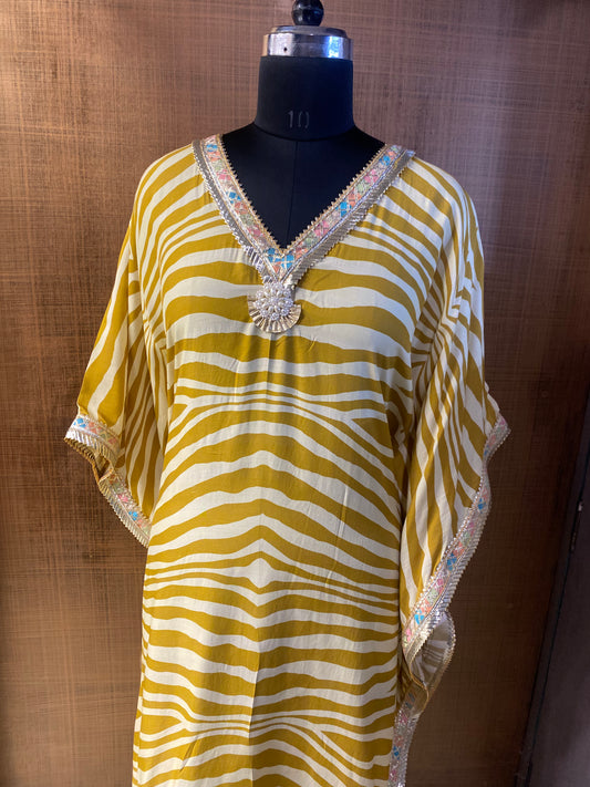 Kaftan- Mustard Cotton Satin Wave Print