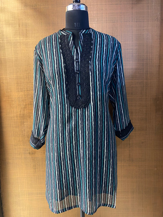 Black Georgette Kurti with Green & White stripes