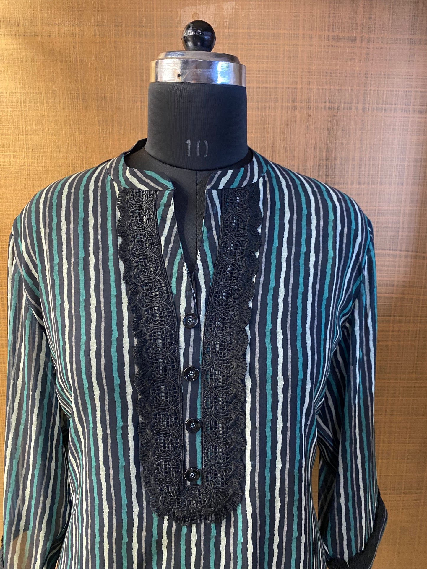 Black Georgette Kurti with Green & White stripes
