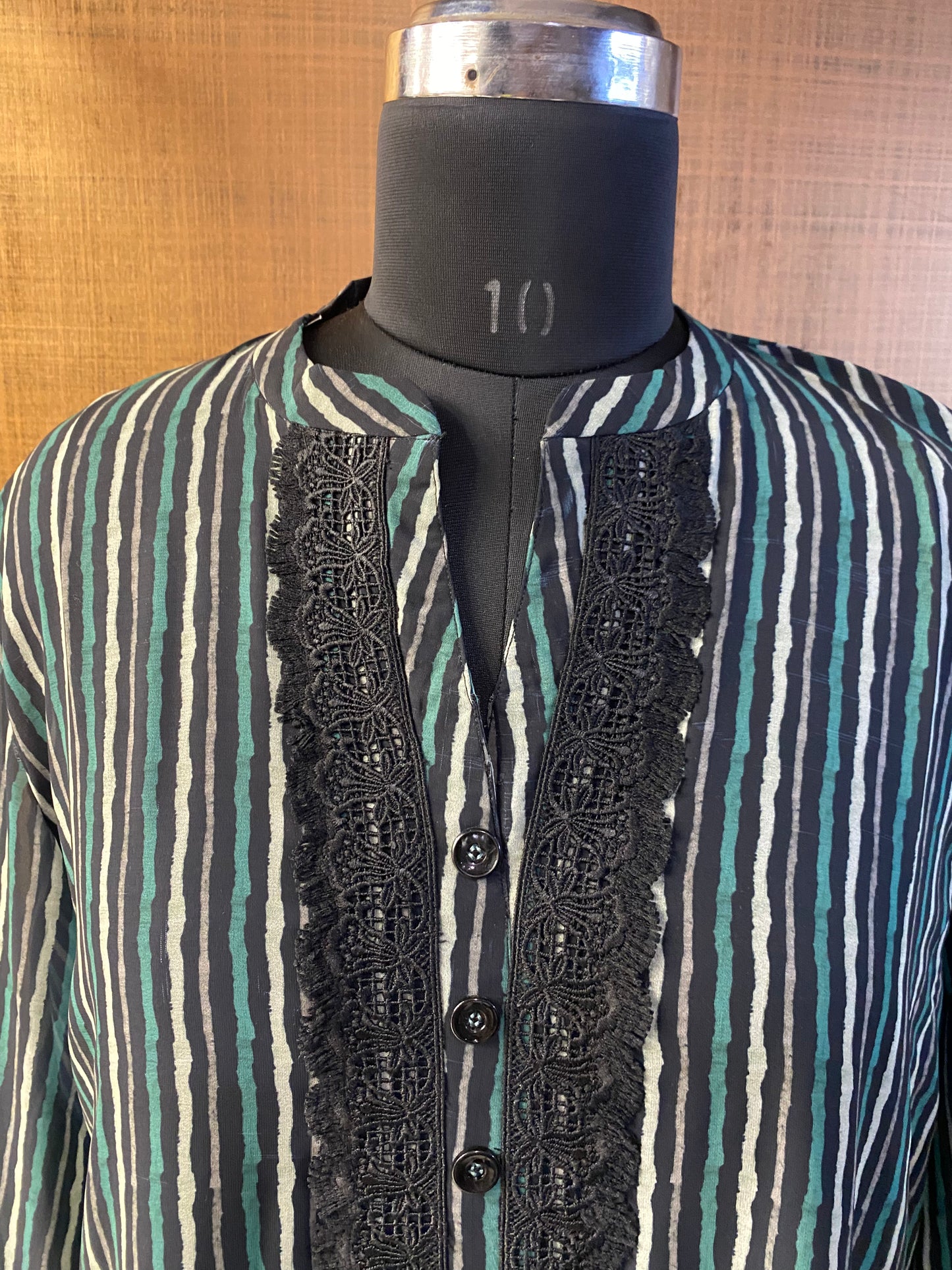Black Georgette Kurti with Green & White stripes