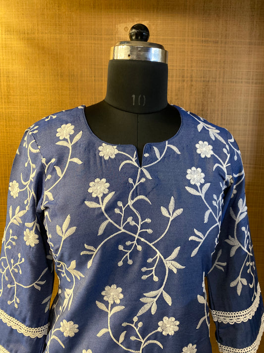 Blue Denim Embroidered Kurti