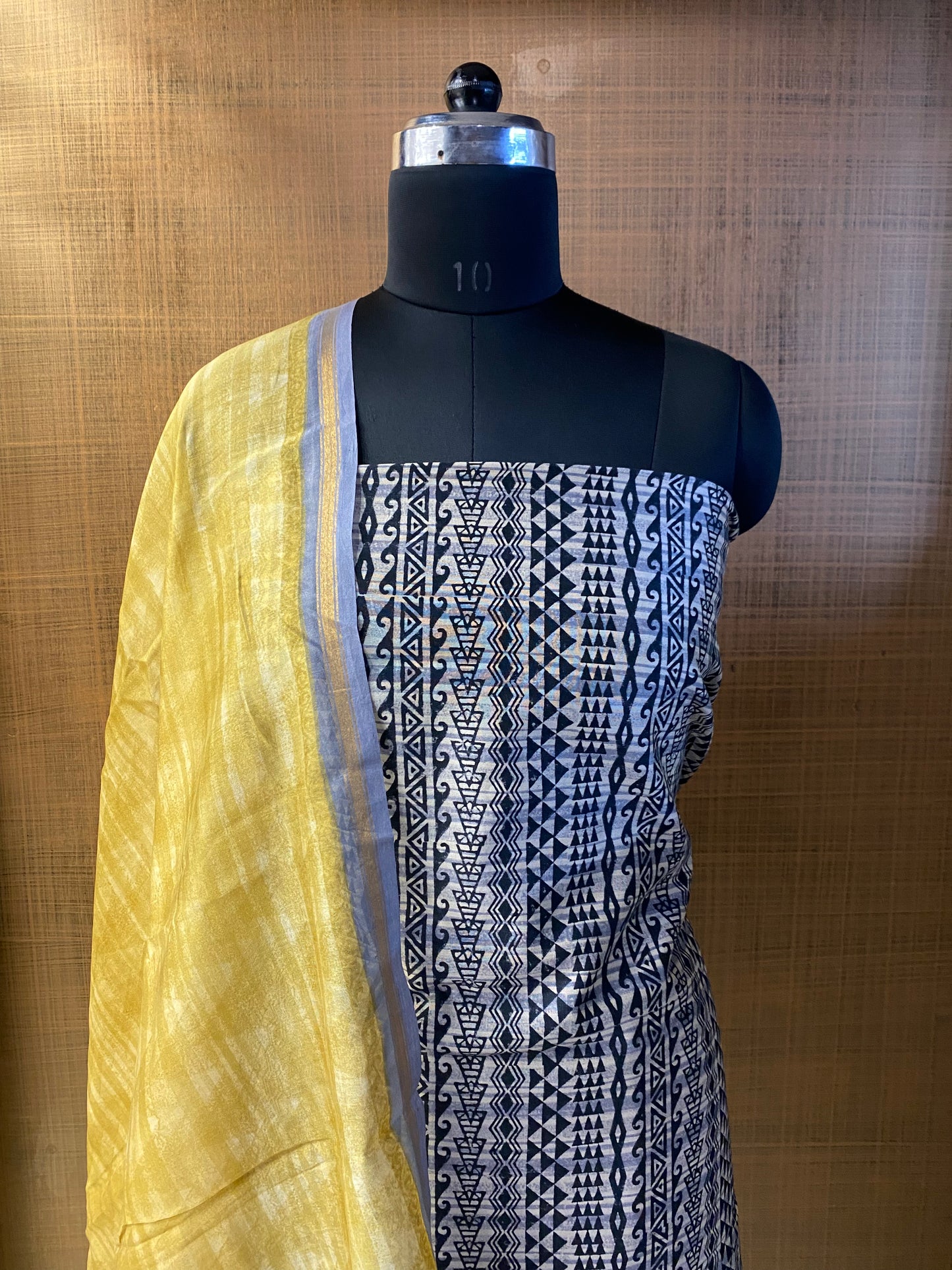 Black & White Printed Maheshwari with Yellow Dupatta