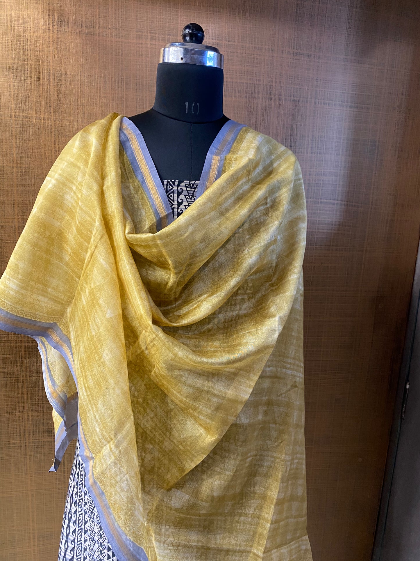 Black & White Printed Maheshwari with Yellow Dupatta