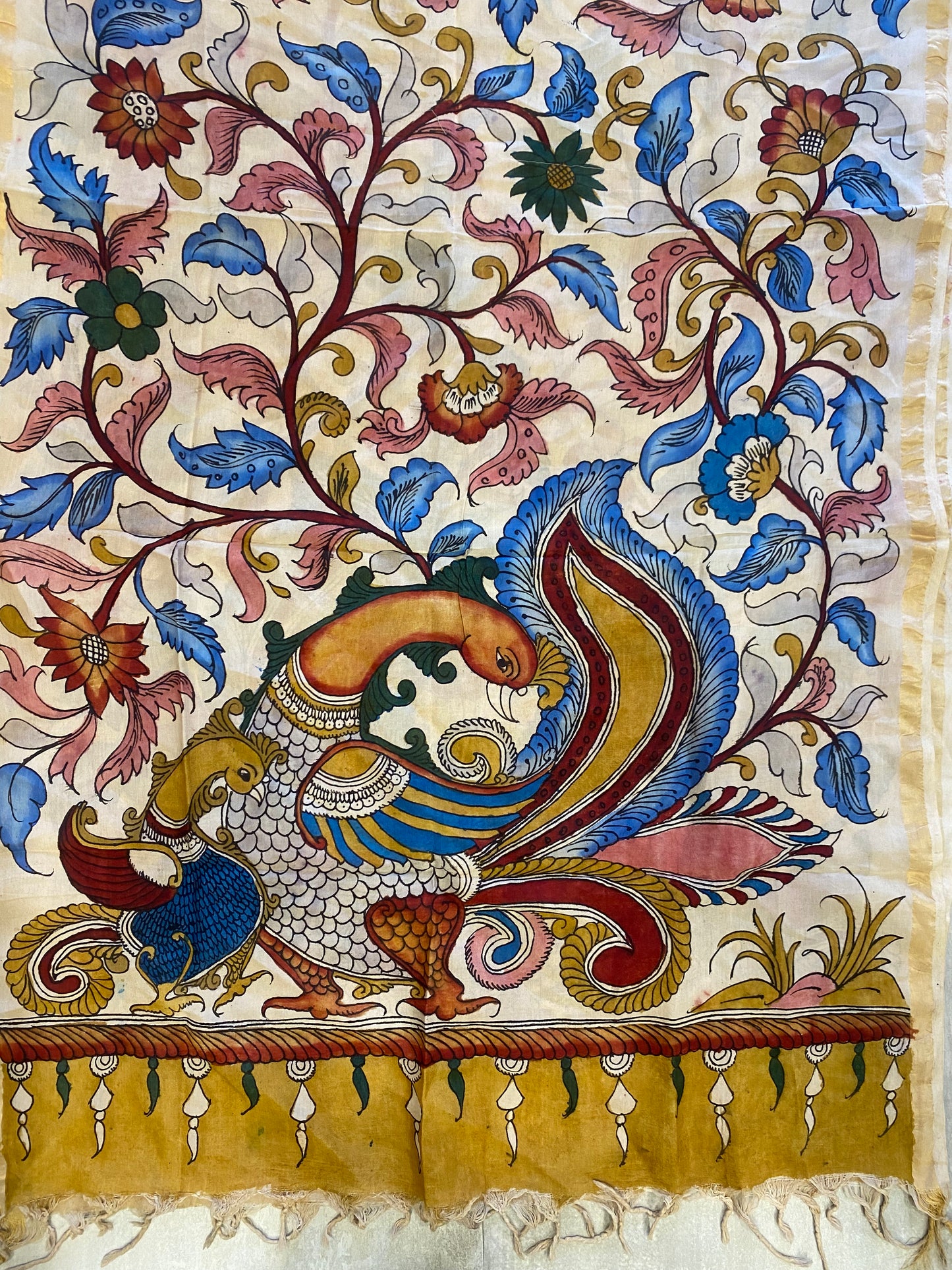 Beige Kalamkari Assam Silk Dupatta