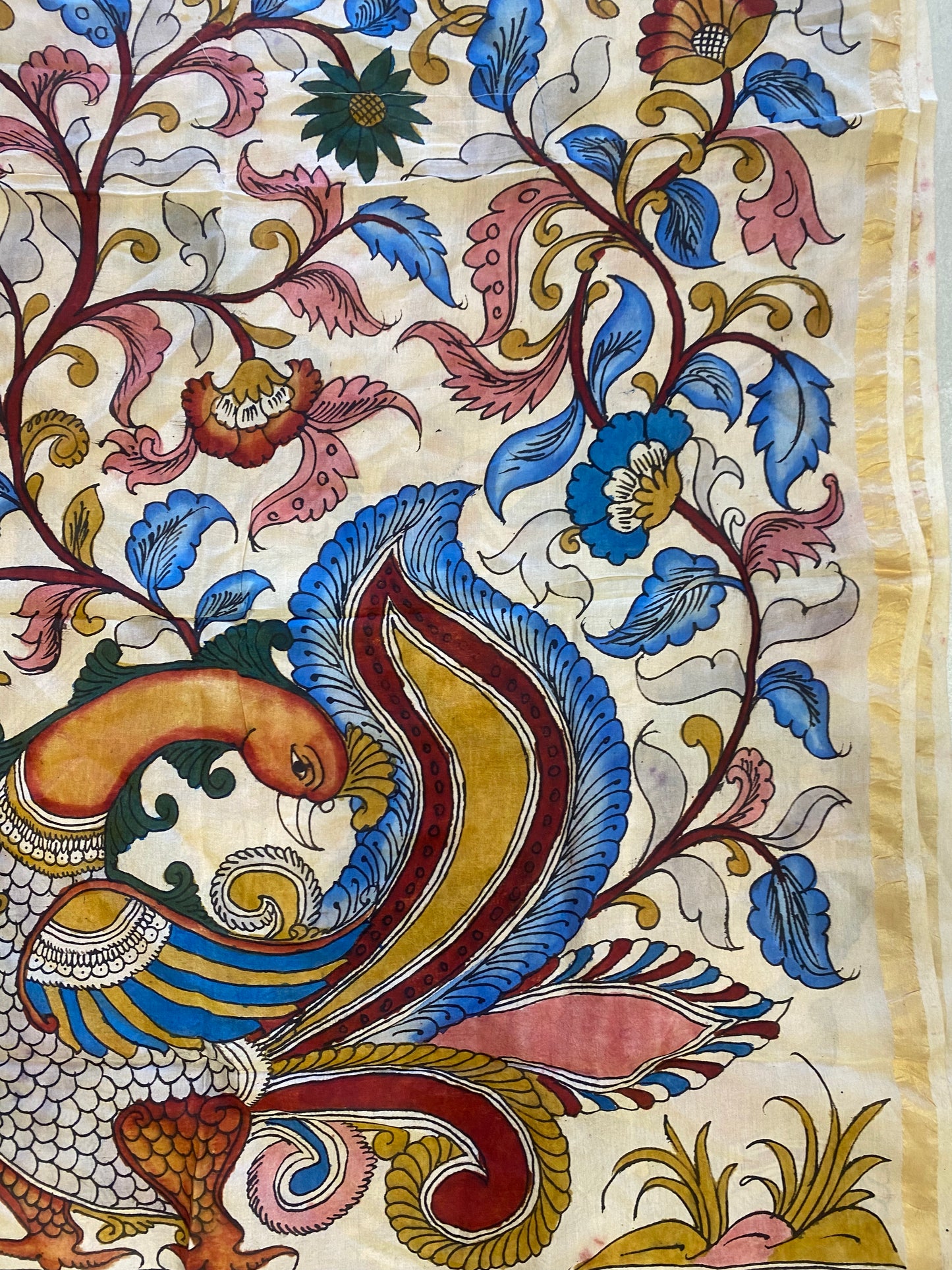 Beige Kalamkari Assam Silk Dupatta
