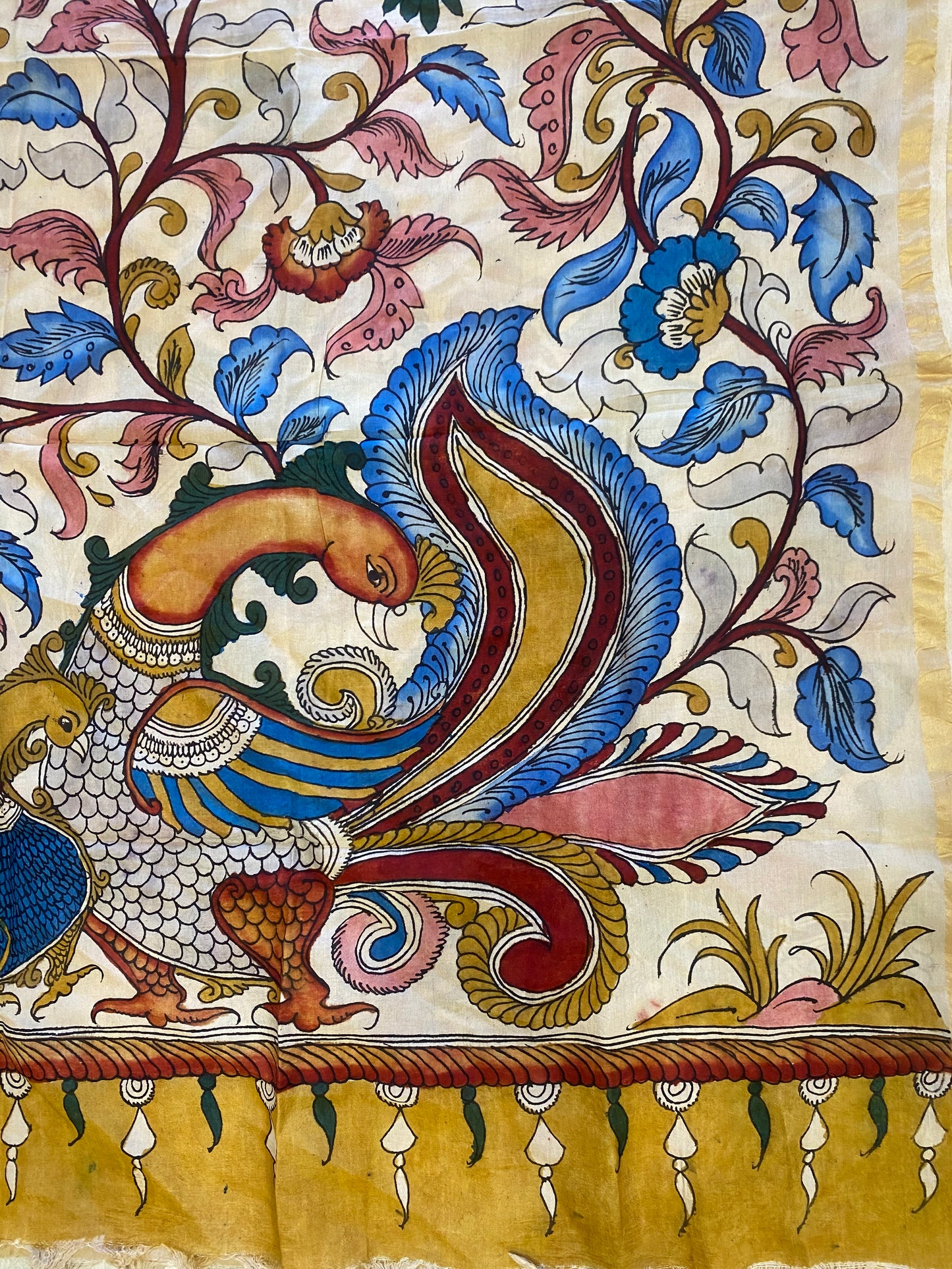 Beige Kalamkari Assam Silk Dupatta