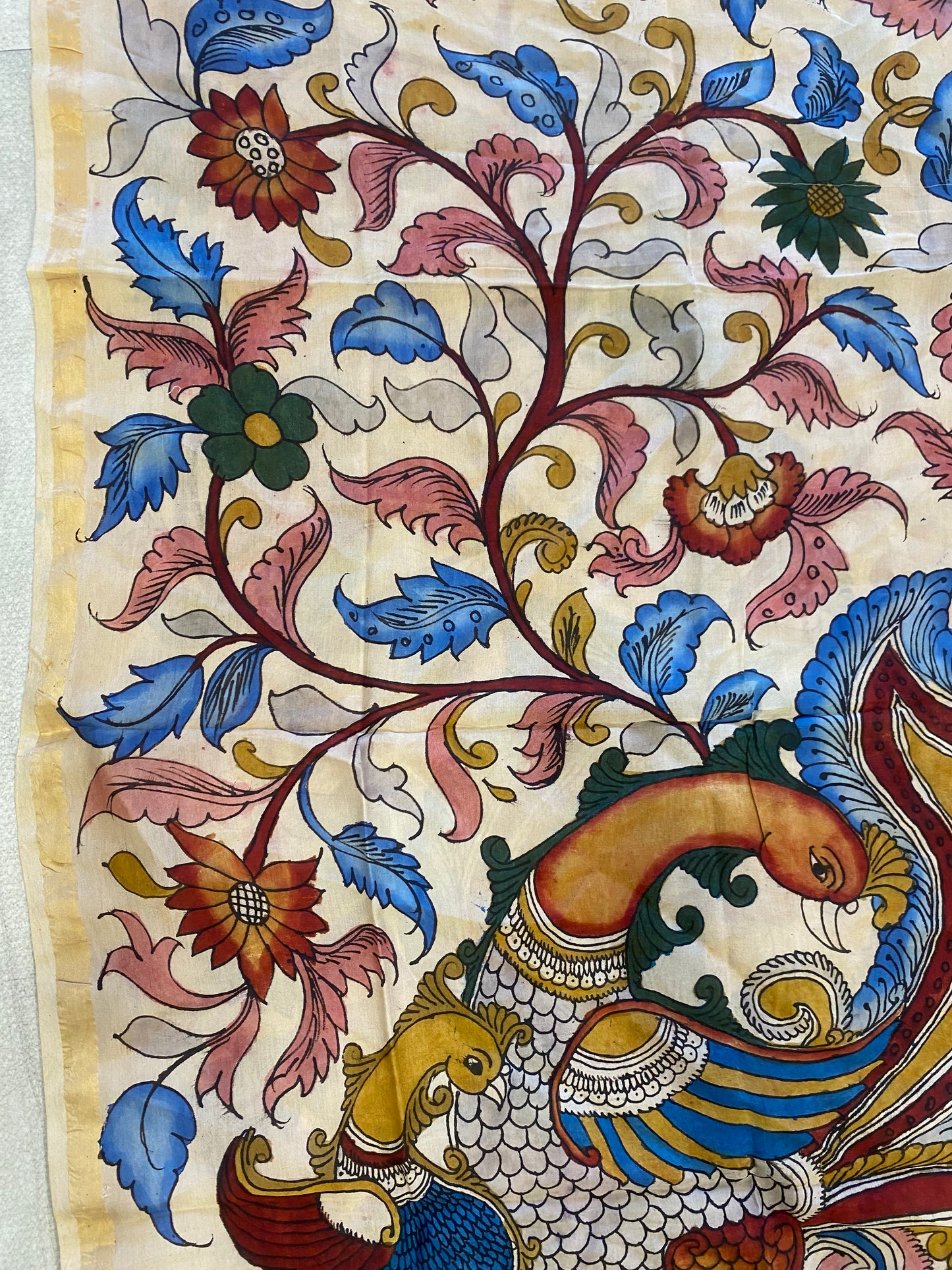 Beige Kalamkari Assam Silk Dupatta