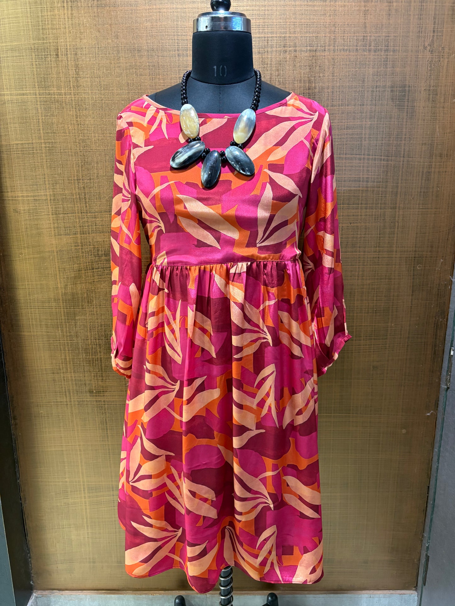 Pink-Magenta Leaf Print Dress