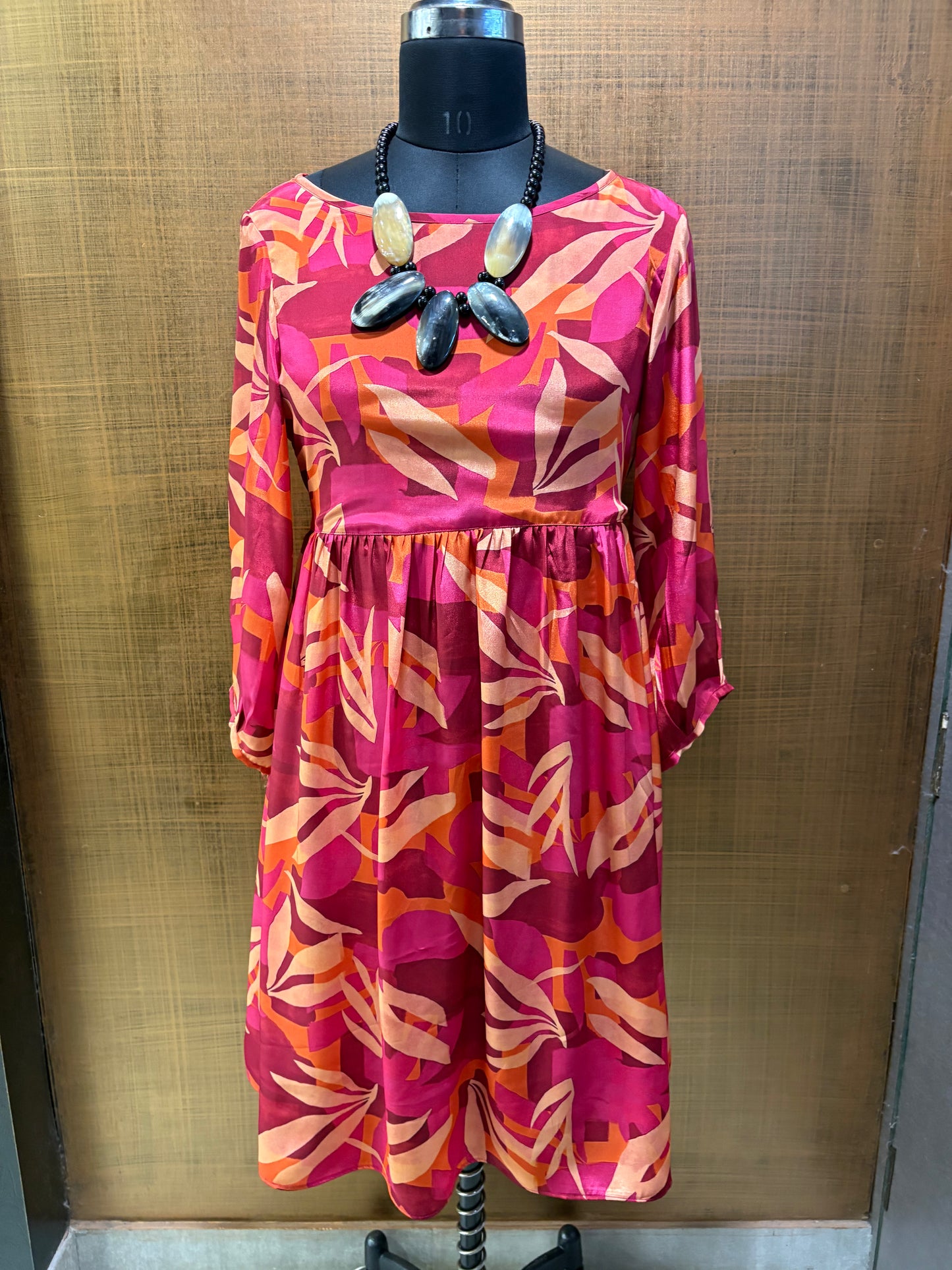 Pink-Magenta Leaf Print Dress