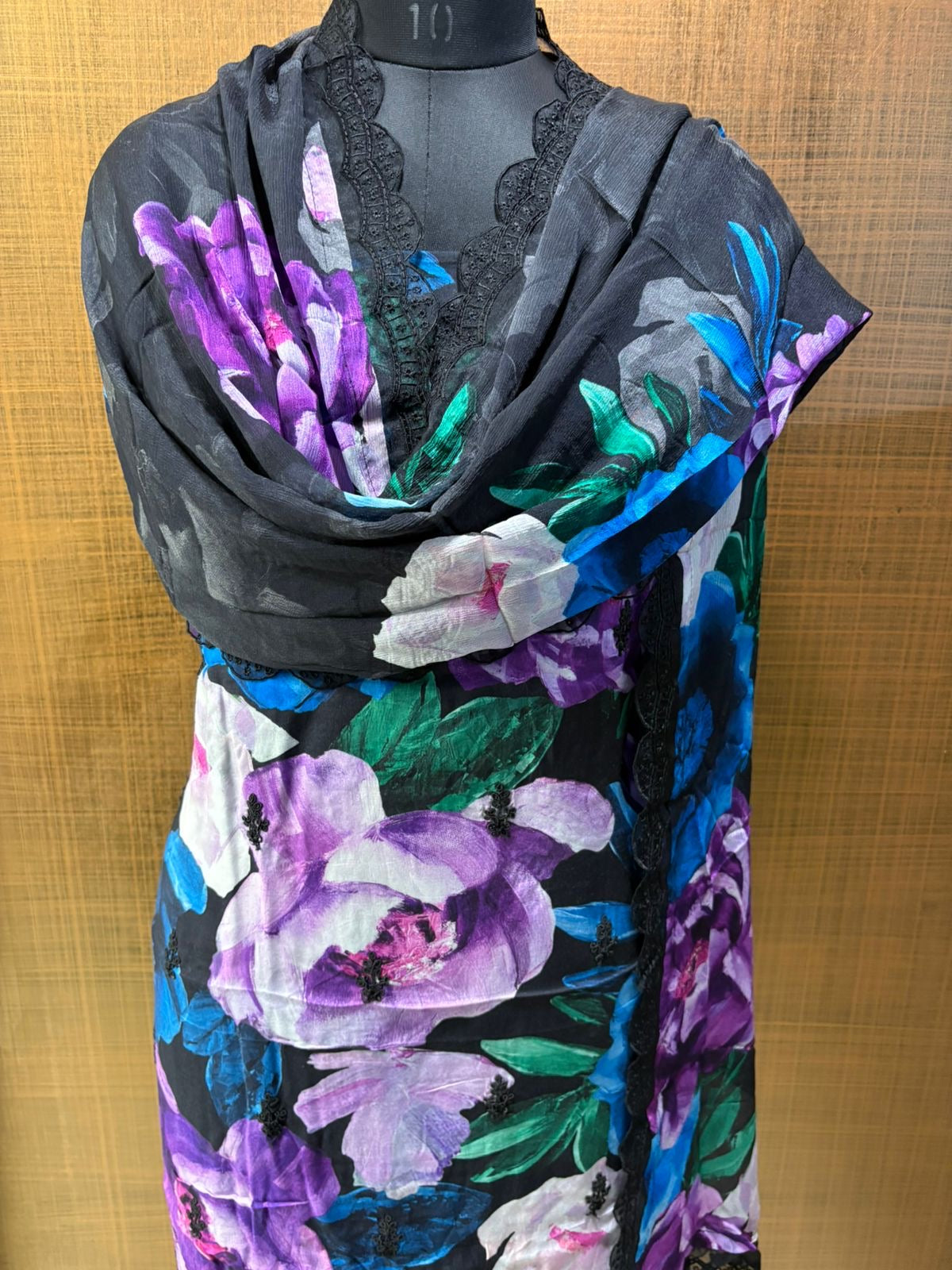 Black Muslin Floral Print Suit with Chiffon Dupatta Organza work