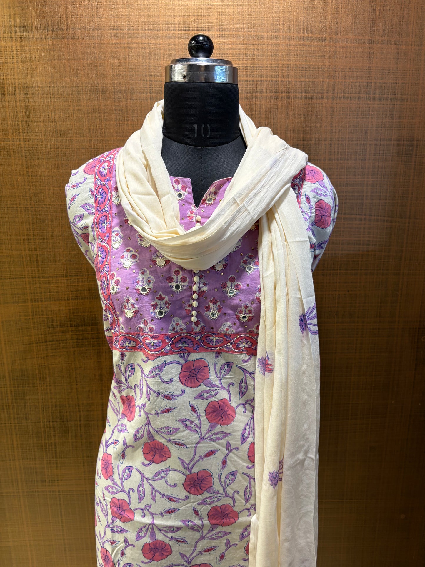 Cream Mauve Printed Suit with Embroidered Yoke & Cotton Dupatta