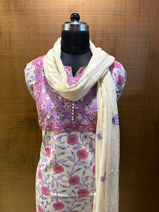 Cream Mauve Printed Suit with Embroidered Yoke & Cotton Dupatta
