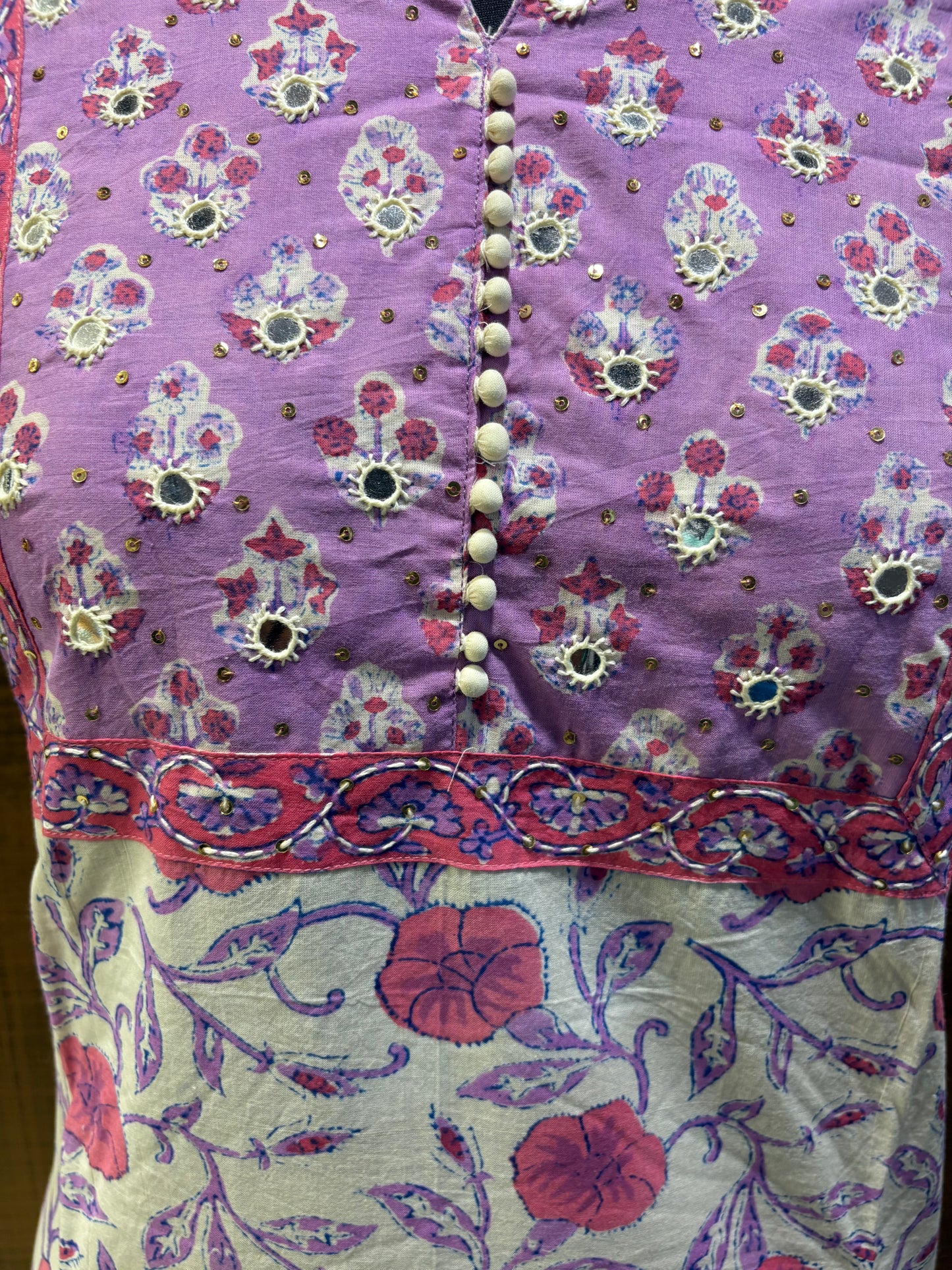 Cream Mauve Printed Suit with Embroidered Yoke & Cotton Dupatta