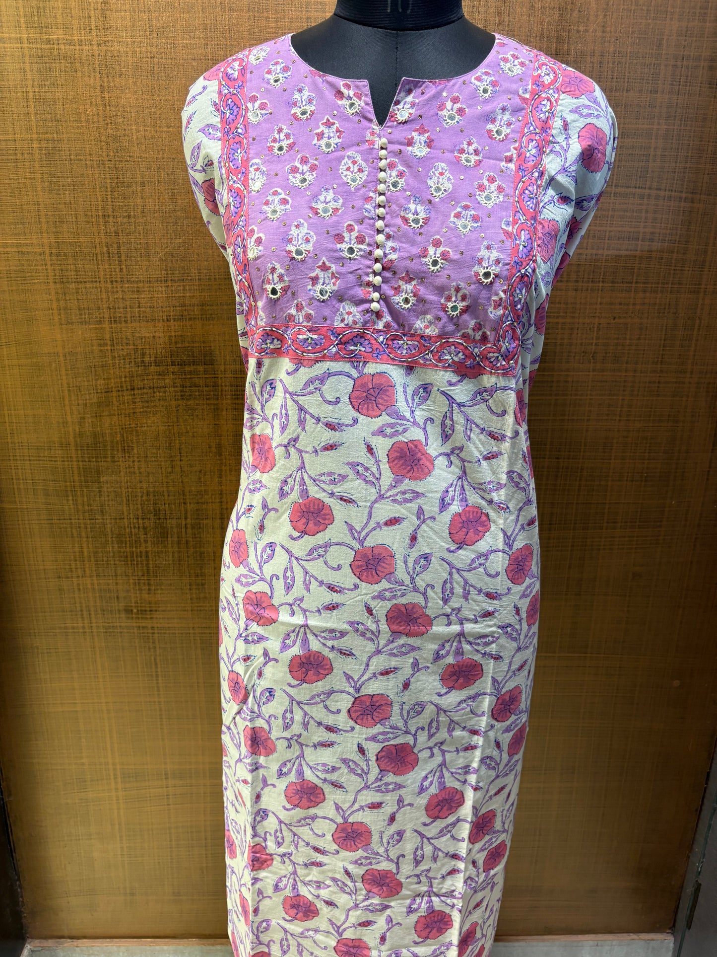 Cream Mauve Printed Suit with Embroidered Yoke & Cotton Dupatta