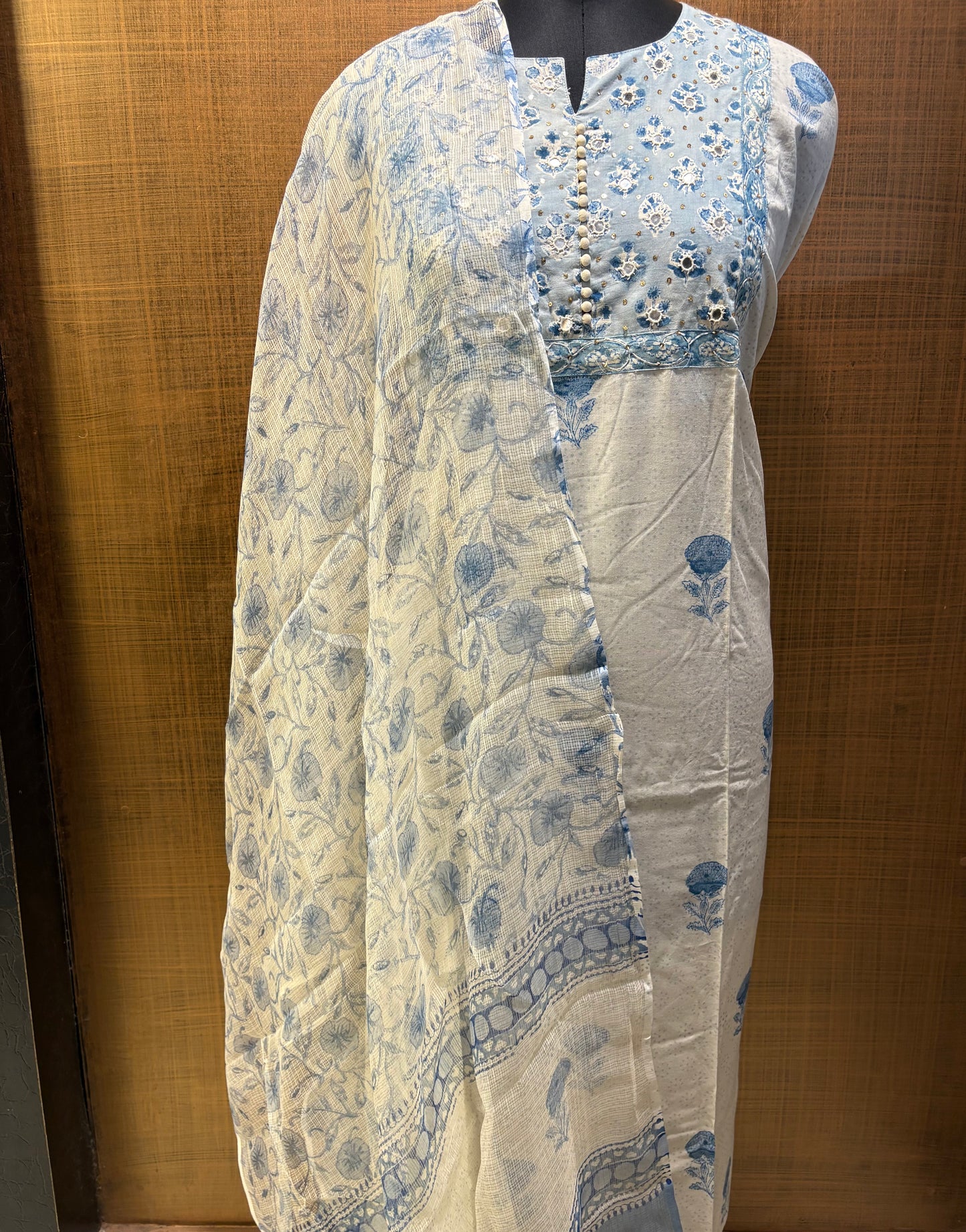 Pure Cotton Printed Suit with Embroidered Yoke & Kota Dupatta