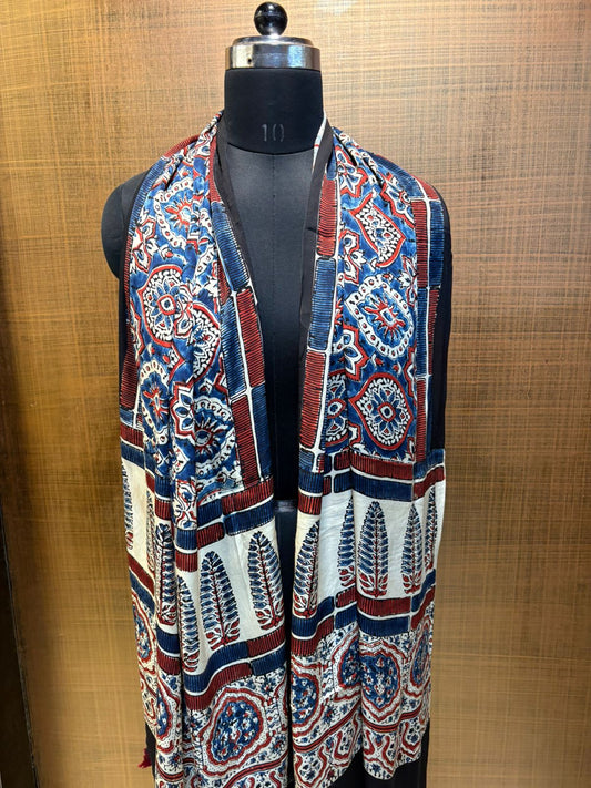 Black Ajrakh Print Madaal Satin stole with Leaf Print border