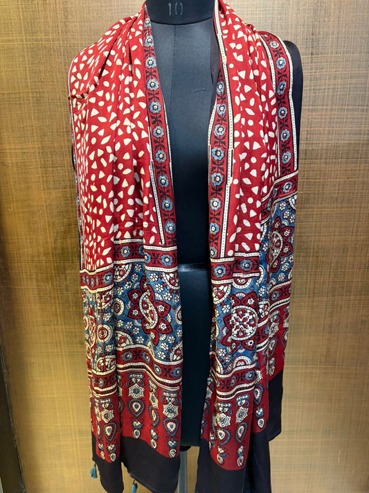 Red Ajrakh Print Modaal Satin Stoll
