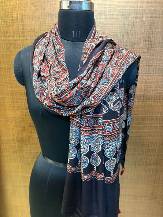 Black blue & Red Ajrakh Print Modaal Satin Stoll