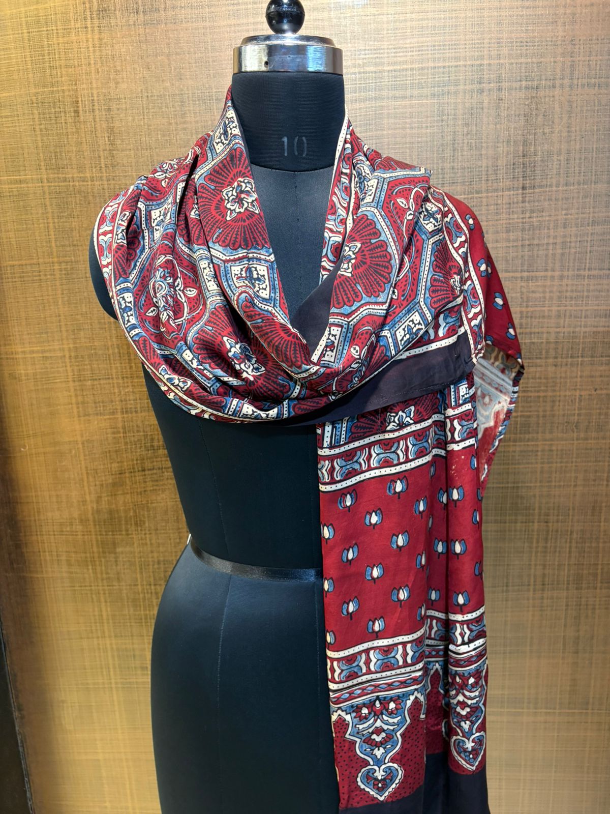 Red & Black Ajrakh  Print Modaal Satin Stoll
