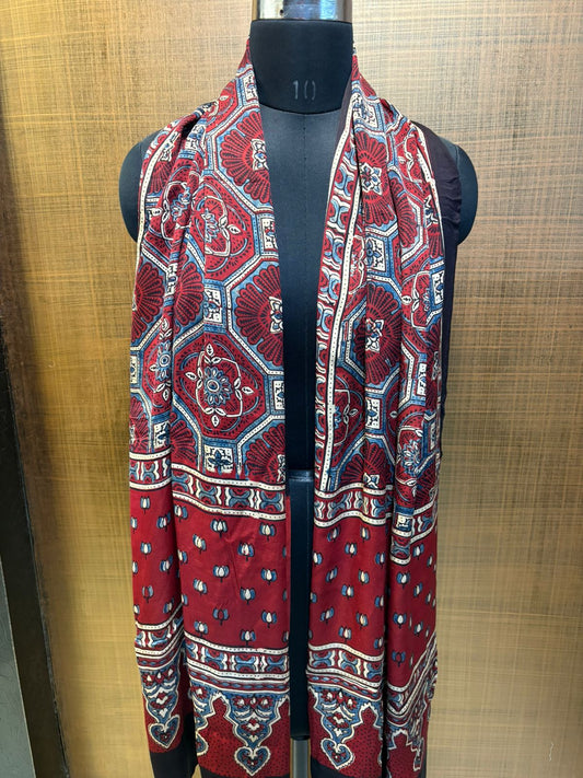 Red & Black Ajrakh  Print Modaal Satin Stoll