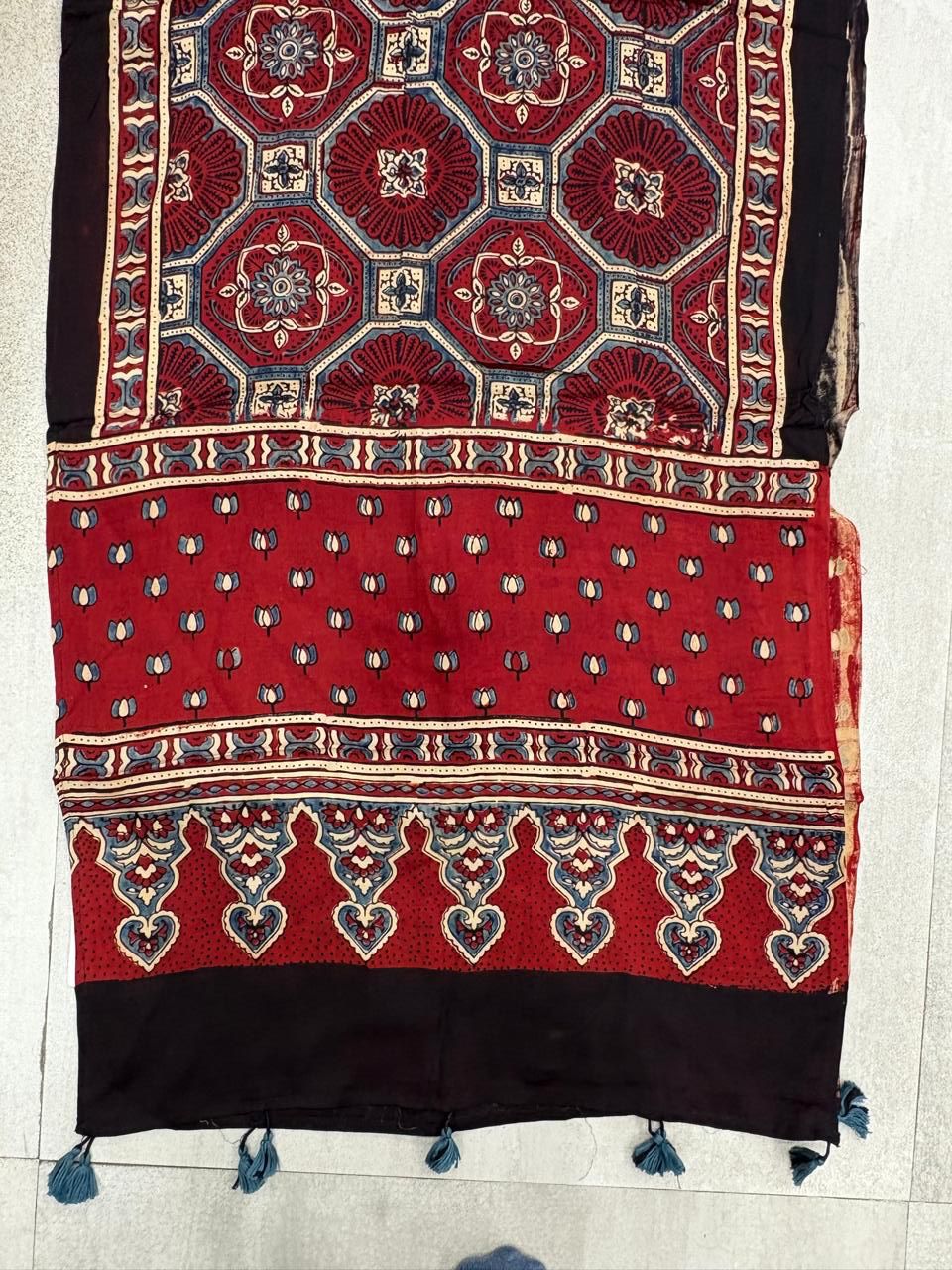 Red & Black Ajrakh  Print Modaal Satin Stoll