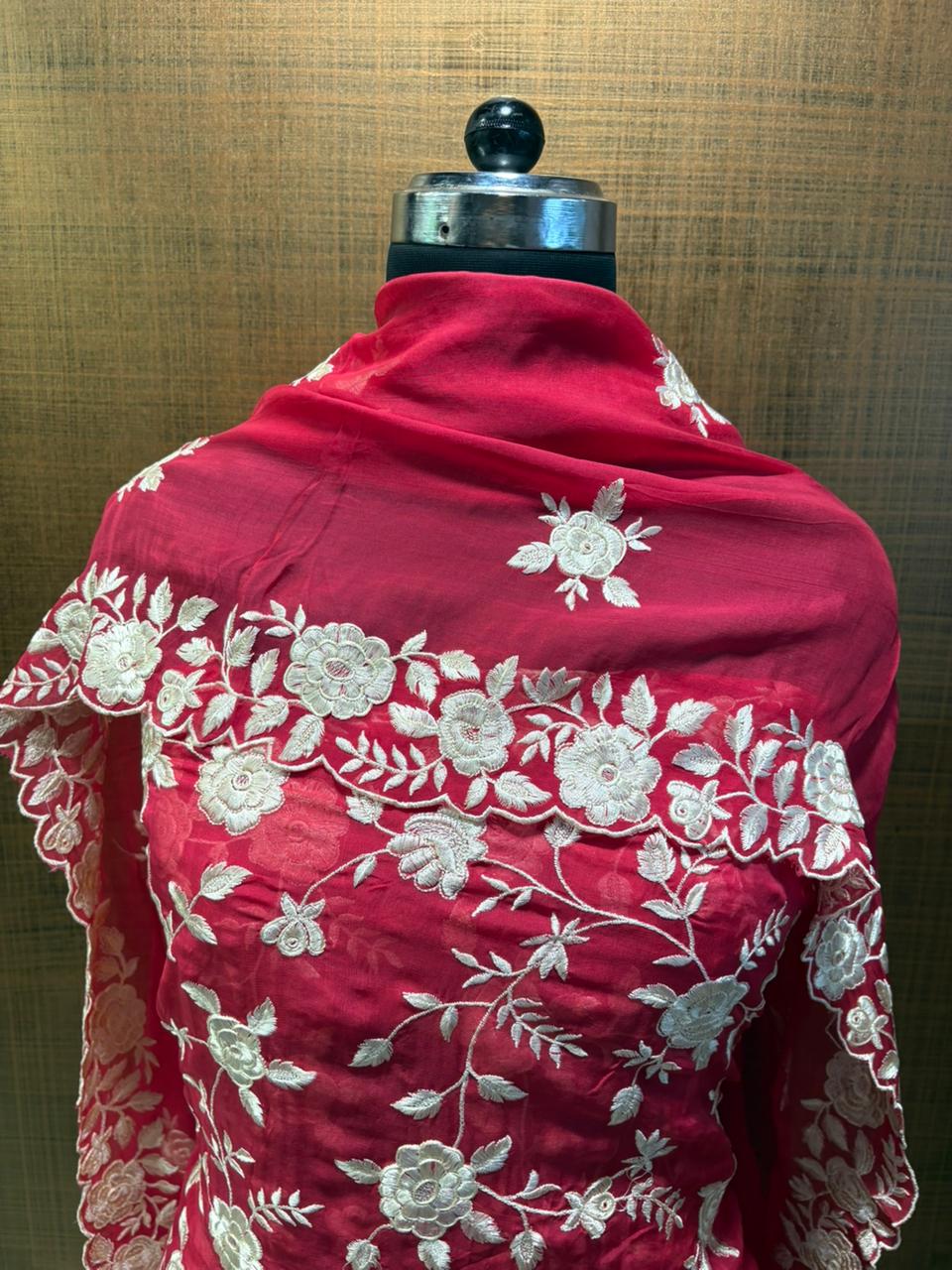 Cherry Red Organza Parsi Work Suit