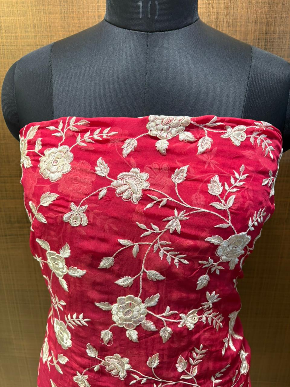 Cherry Red Organza Parsi Work Suit