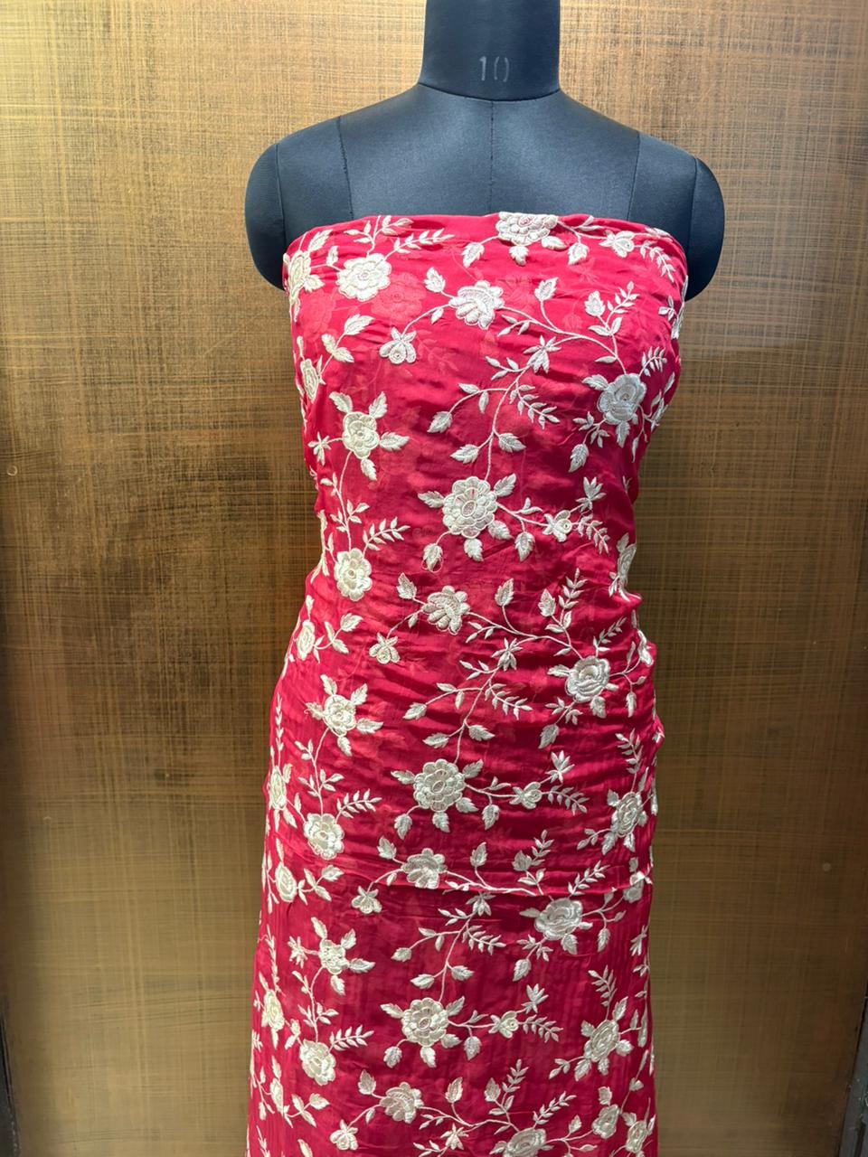 Cherry Red Organza Parsi Work Suit